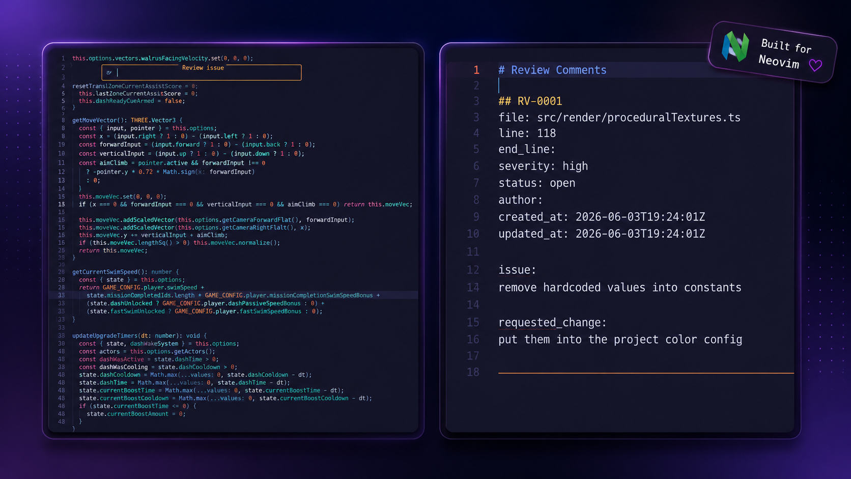 Neovim showing locoreview code review comments for an AI-assisted coding workflow.